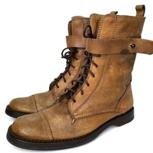 CoSTUME NATIONAL Tan Distressed Leather Lace Up Zip Combat Boots Womens 36 EU